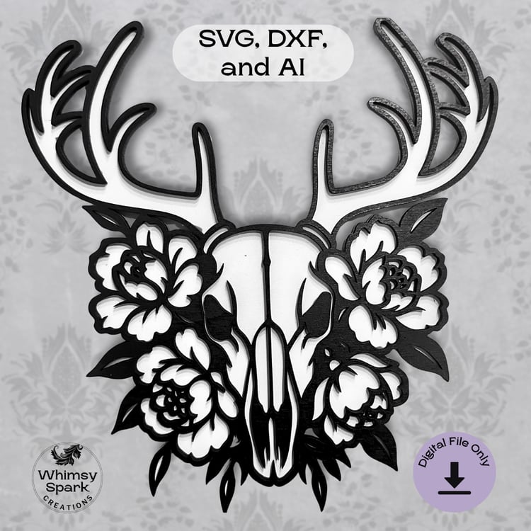 Layered deer skull with ornate antlers and blooming flowers in black and white, designed for laser cutting. Gothic boho wall art style, perfect for makers and crafters using Glowforge or Cricut.