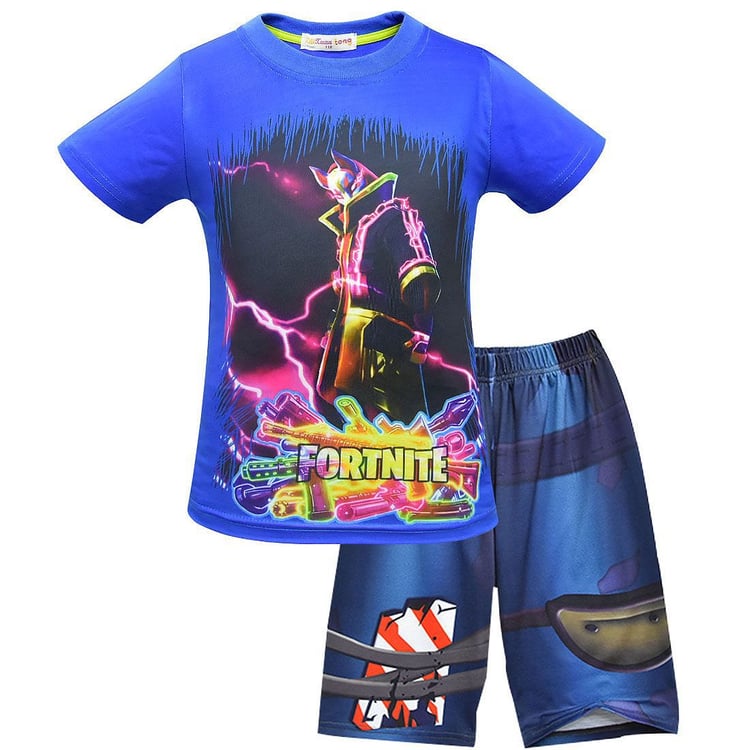 Casual Battle Royale themed outfit for boys and girls, blue top with shorts.