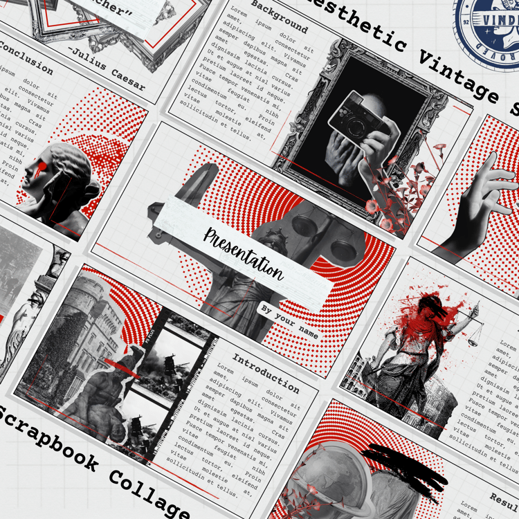 Gray & Red Dark History Scrapbook Journal Presentation Canva Template