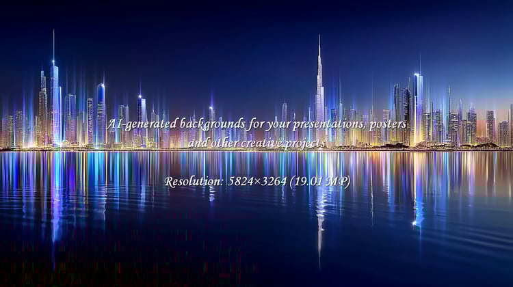 Experience the awe of a dazzling futuristic metropolis at night. Towering skyscrapers blaze with vibrant lights, their reflections dancing on the serene water, symbolizing innovation, progress, and boundless ambition.