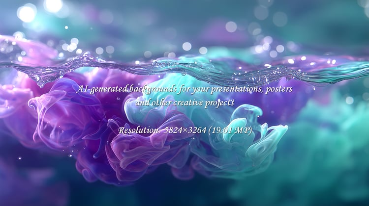 Immerse yourself in this stunning underwater spectacle where vibrant purple and turquoise ink clouds elegantly swirl and diffuse in clear water, creating a mesmerizing abstract visual symphony perfect for sophisticated designs.