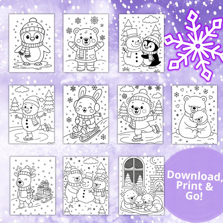 Preview of 10 printable winter animal coloring pages for kids, featuring penguins, bears, snowmen, reindeer, and bunnies in snowy scenes with scarves and winter accessories.