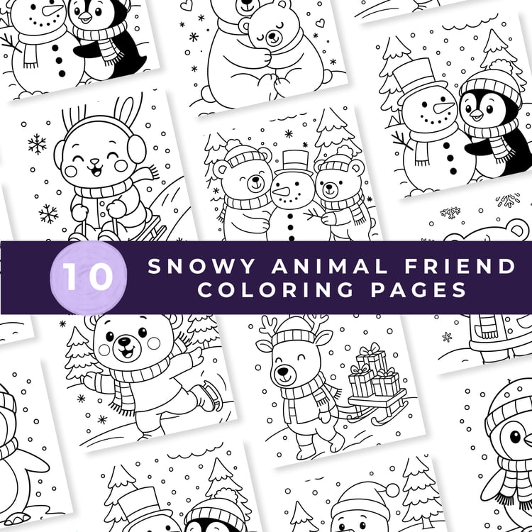 Close-up collage of printable winter animal coloring pages for children, showing bears, penguins, bunnies, and snowmen in holiday and snowy scenes.