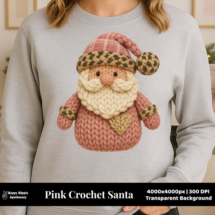 Pink cheetah faux crochet Santa design on sweatshirt, sublimation-ready PNG for cozy boutique holiday apparel