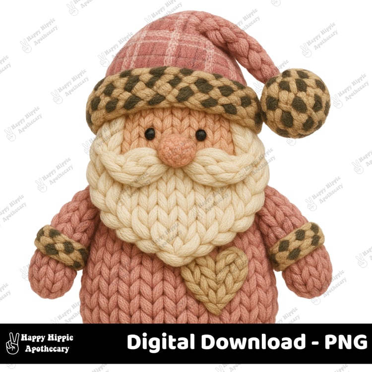 High-resolution pink faux crochet Santa PNG with transparent background, 4000x4000 pixels, 300 DPI digital download for Christmas crafts
