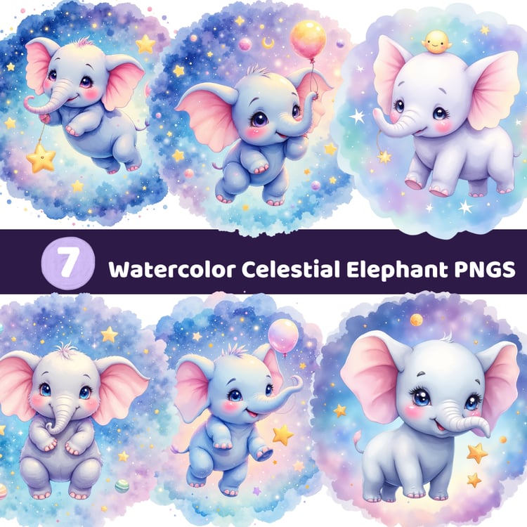 Bundle of seven watercolor celestial elephant PNGs with galaxy backgrounds for nursery art, sublimation, and stickers.
