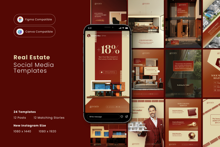 A luxury real estate Instagram post template for Canva, showing a "Just Listed" property with elegant red and beige text.