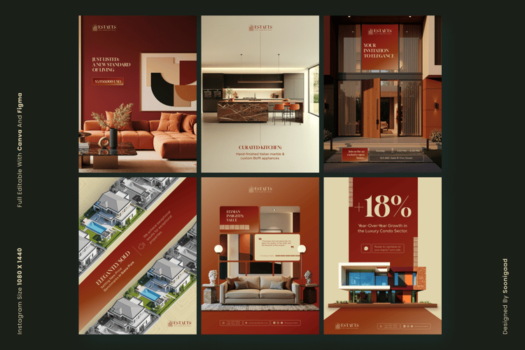 A luxury real estate Instagram post template for Canva, showing a "Just Listed" property with elegant red and beige text.