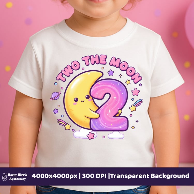 Toddler t-shirt with Two the Moon PNG design – kawaii birthday moon and number 2 graphic for kids apparel and second birthday gifts