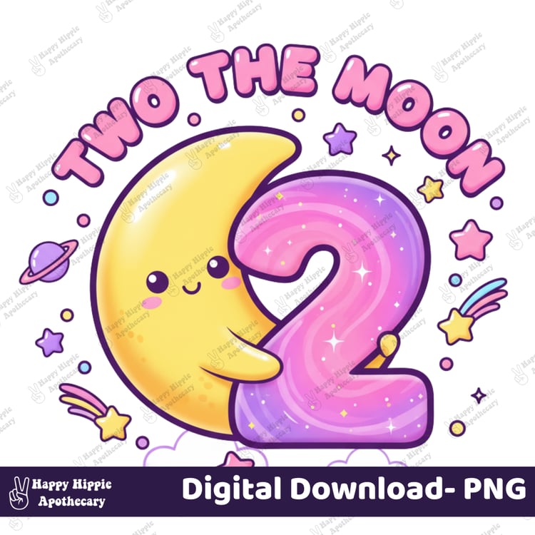 Two the Moon clipart PNG preview – 2nd birthday graphic with cute moon and number two for printing or crafting digital party items