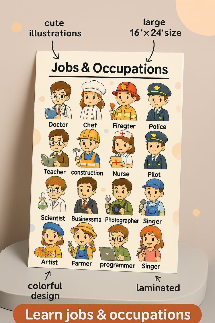 Kawaii Jobs & Occupations Learning Chart – Cute Professions Poster for Kids