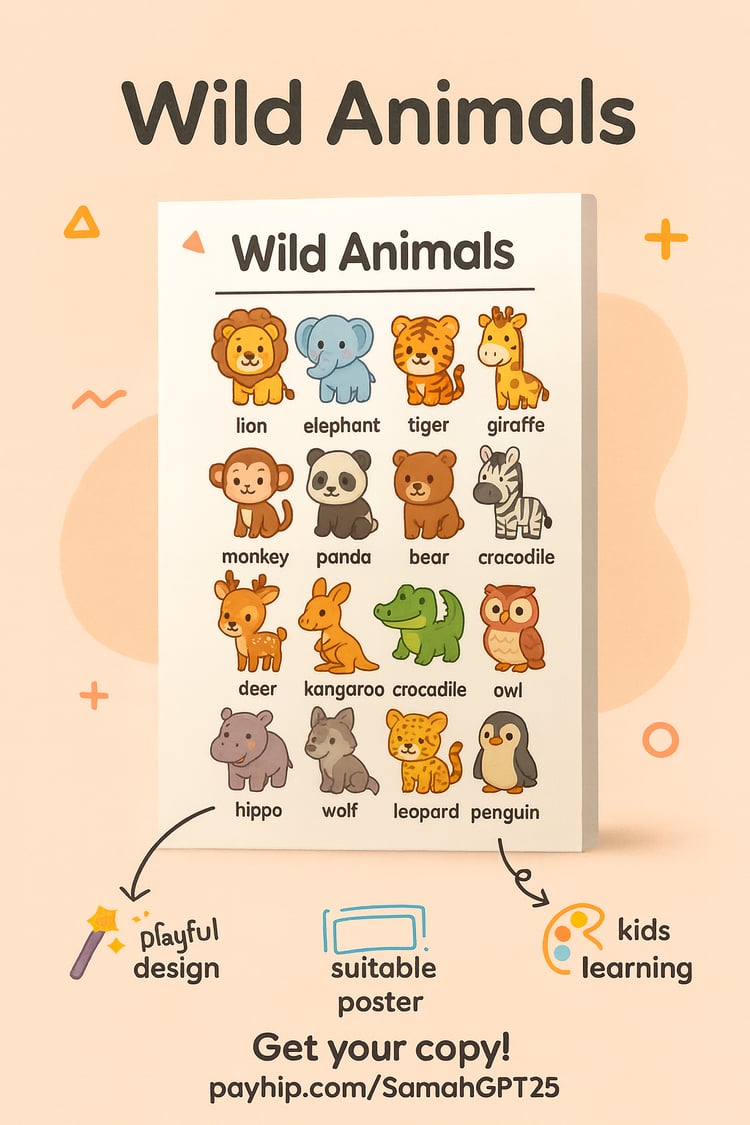 Kawaii Wild Animals Learning Chart – Cute Safari Creatures for Kids