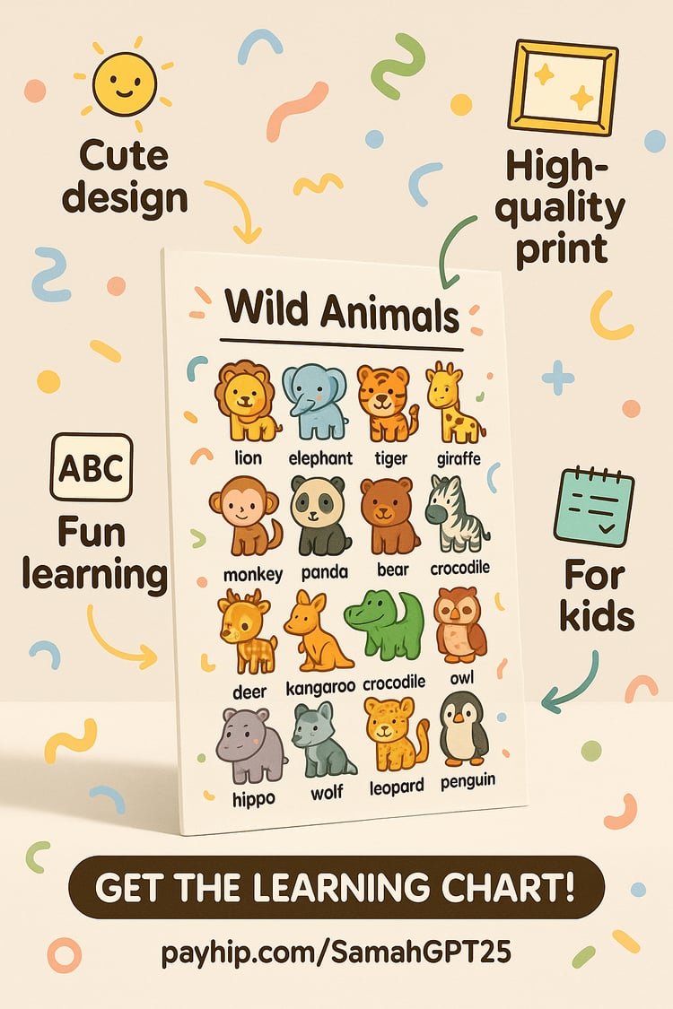 Kawaii Wild Animals Learning Chart – Cute Safari Creatures for Kids