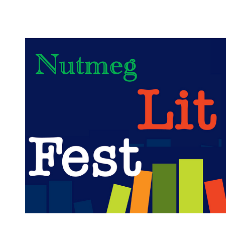 Nutmeg Lit Fest logo: 'nutmed' in green, 'lit' in red, and 'fest' in white on a blue background, with a small book block icon in the lower-right corner.