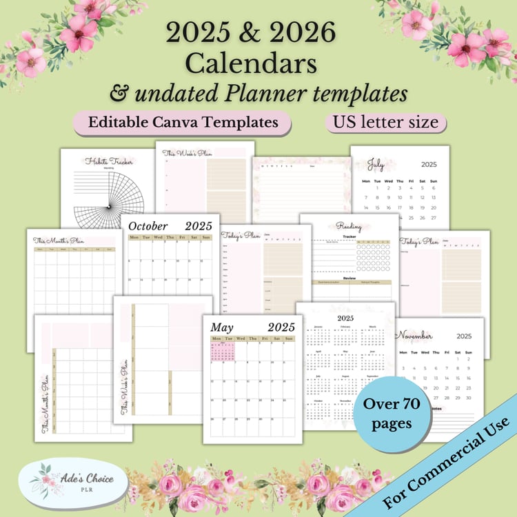 The image displays a collection of printable planner templates designed for 2025 and 2026, suitable for digital use as Canva templates. The templates include monthly and weekly planners, habit trackers, reading trackers, and daily planning sheets. Each ca