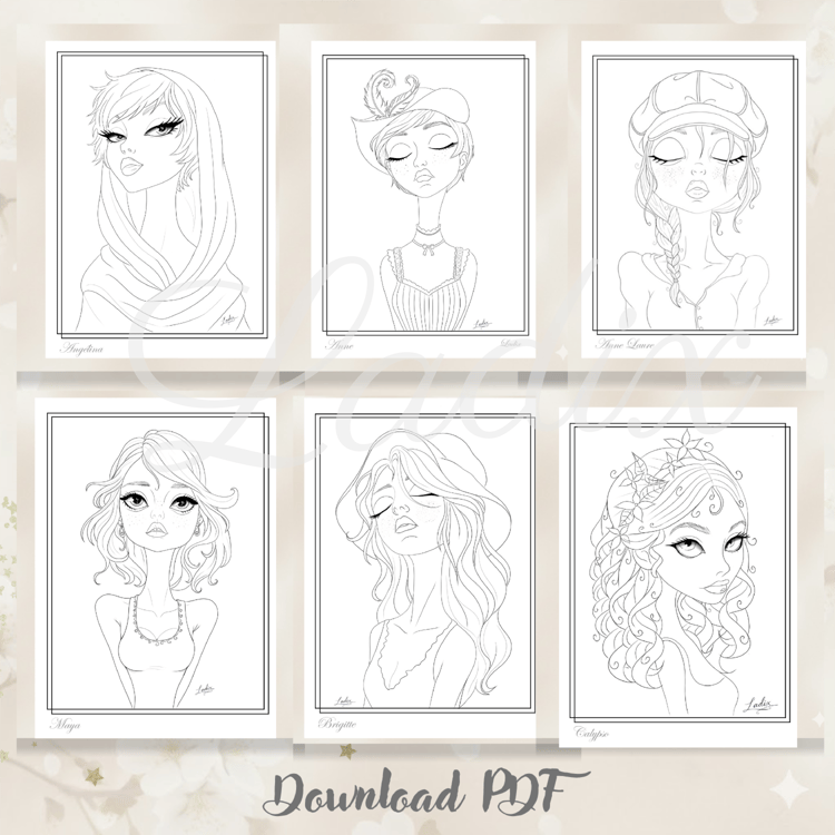 coloriage adulte portraits féminins  pack coloriage PDF à imprimer  illustrations poétiques à colorier  portraits intemporels femmes art
