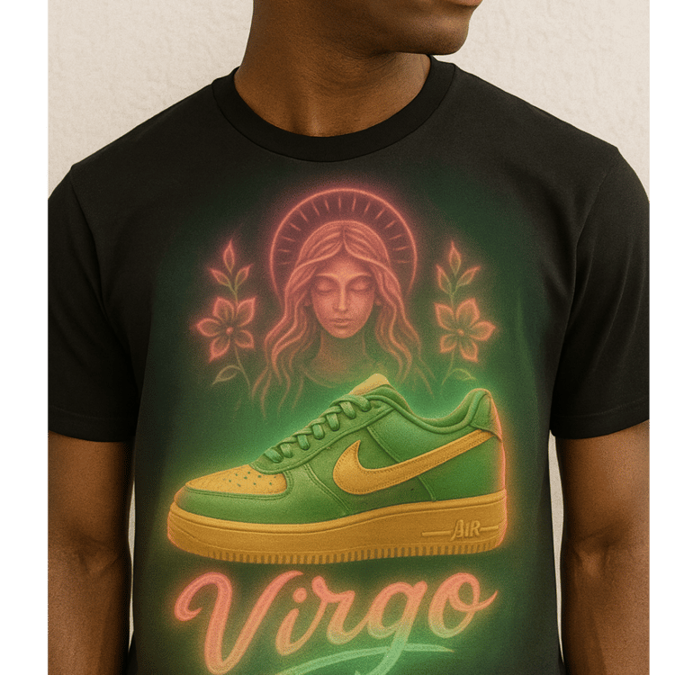 “Black t-shirt mockup featuring neon airbrushed Virgo design with glowing goddess and green-gold sneaker graphic.”