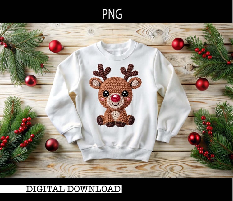 Cute Rudolph the Red-Nosed Reindeer – Faux Crochet PNG | Sublimation |Christmas Kids Design | Instant Digital Download