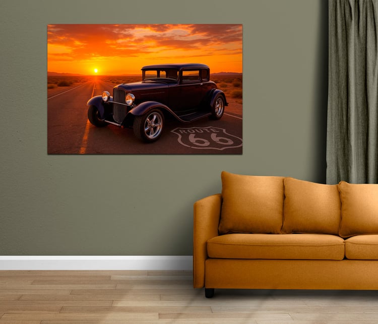 Ultra-realistic vintage hot rod on Route 66 at sunset – high-resolution 4:3 digital artwork