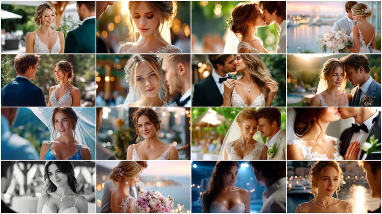 A premium AI-generated collection of 94 high-quality images featuring wedding couples — brides and grooms. Perfect for wedding projects, invitations, posters, branding, and commercial visuals. Each image captures romance, style, and the special atmosphere