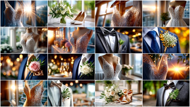 A premium AI-generated collection of 24 high-quality images featuring wedding attire and accessories. Includes women’s dresses, men’s tuxedos, and women’s shoes. Perfect for wedding projects, invitations, posters, branding, and commercial visuals. Each im
