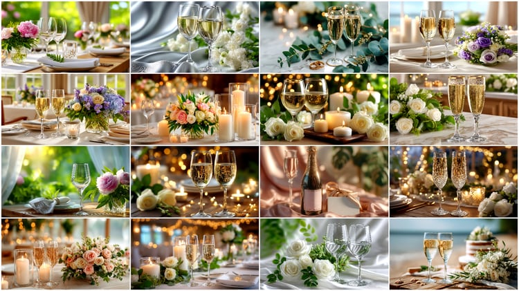 A premium AI-generated collection of 50 high-quality images featuring wedding table settings. Includes elegant compositions with plates, cutlery, glasses, candles, florals, textiles, and decorative elements. Perfect for wedding projects, invitations, menu