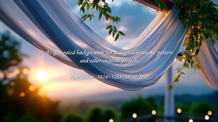 A dreamy wedding arch frames a romantic sunset landscape, ideal for destination weddings and outdoor celebrations. Evokes elegance, serenity, and joy. Perfect for love, commitment and new beginnings.