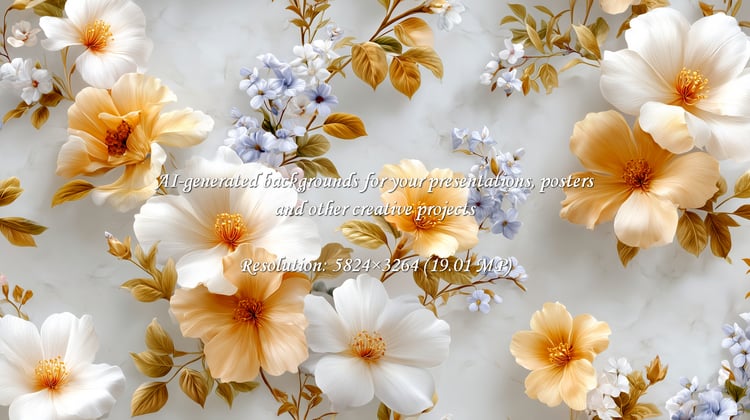 Sophisticated floral arrangement featuring elegant white and peach blooms on a soft marble backdrop. Ideal for adding a touch of romance and beauty to invitations and designs.