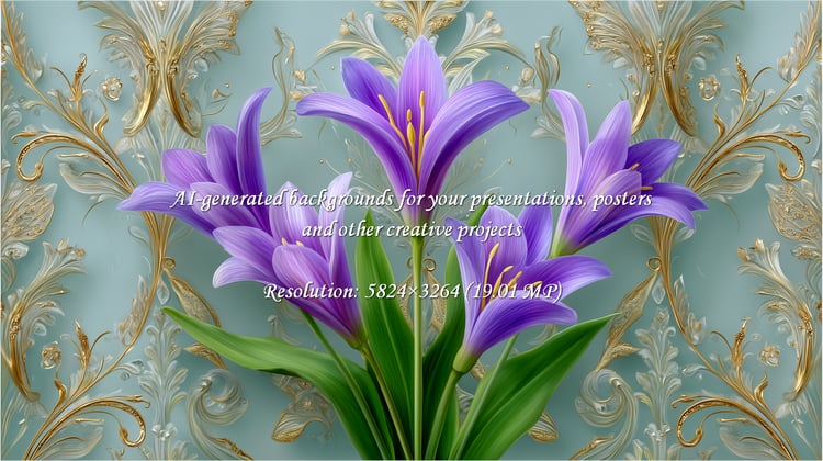 Sophisticated floral design featuring vibrant purple flowers and intricate gold ornamentation. Perfect for adding a touch of luxury and elegance to invitations, branding, or artistic projects.