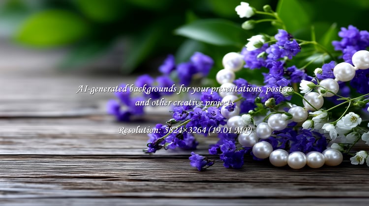 Capture the essence of refined beauty with this still life. Delicate purple flowers and a pearl necklace on rustic wood create a timeless scene perfect for weddings, invitations, and elegant designs.