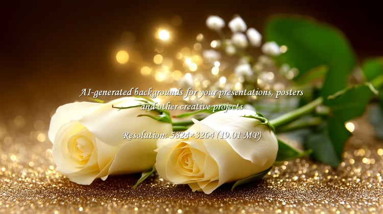 Capture the essence of romance with these ivory roses glistening on a bed of gold glitter. Perfect for wedding themes, anniversaries, or any event where elegance and beauty are paramount.