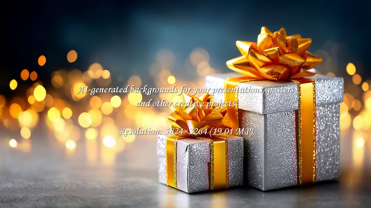 Silver glitter presents with gold ribbons evoke a festive atmosphere. Perfect for holiday promotions, seasonal greetings, and celebratory events. Capture the joy of giving with this elegant design.