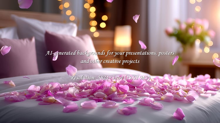 Escape to romance with soft rose petals adorning a luxurious bed. Perfect for conveying love, anniversaries, or a dreamy getaway. Evokes passion and intimate moments in a serene setting.