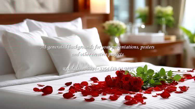 Ignite romance with this intimate scene of red roses and petals adorning a plush hotel bed. Perfect for conveying love, luxury, and unforgettable moments on a honeymoon or special getaway.