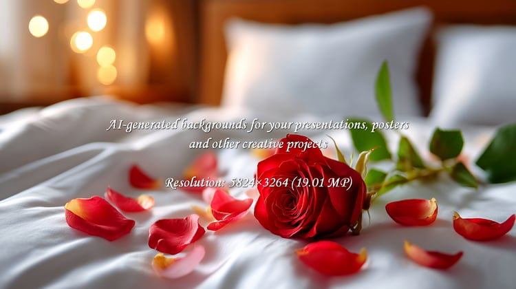 Create a romantic ambiance with a red rose and delicate petals scattered across luxurious white sheets. Perfect for Valentine's Day, anniversaries, or promoting a romantic getaway.