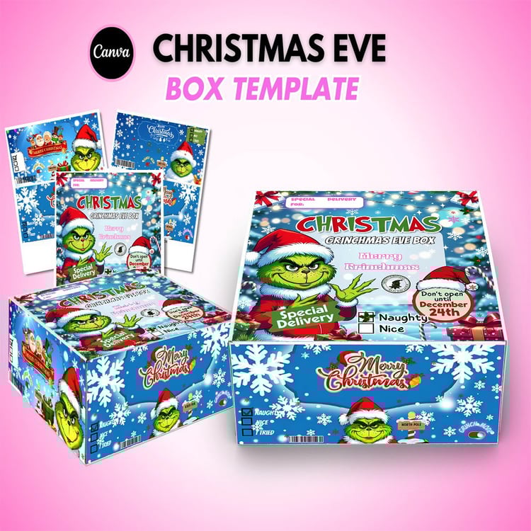 Christmas Eve box  Holiday gift box template  Printable Christmas box  Green monster Christmas  Kids Christmas Eve ideas  Canva box template  Christmas printable  Holiday packaging template  DIY Christmas gift box  Christmas Eve printable