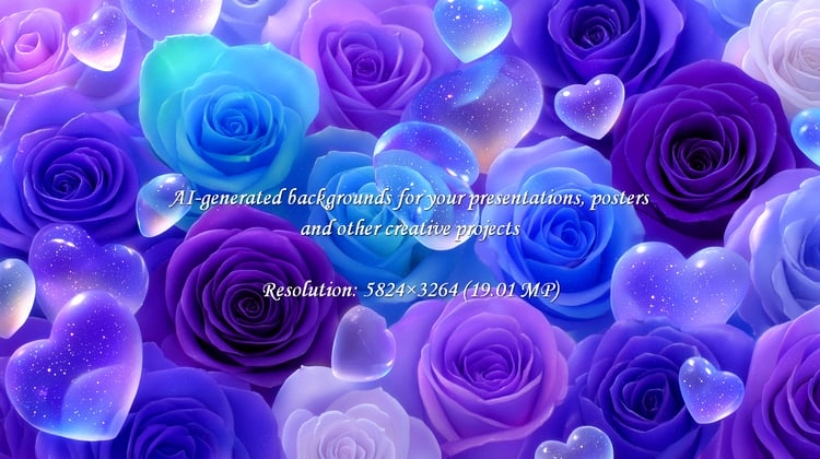 Dreamy blue and purple roses create a romantic background, perfect for Valentine's Day, weddings, or heartfelt designs. The sparkling heart accents evoke love and celebration, adding a touch of elegance.