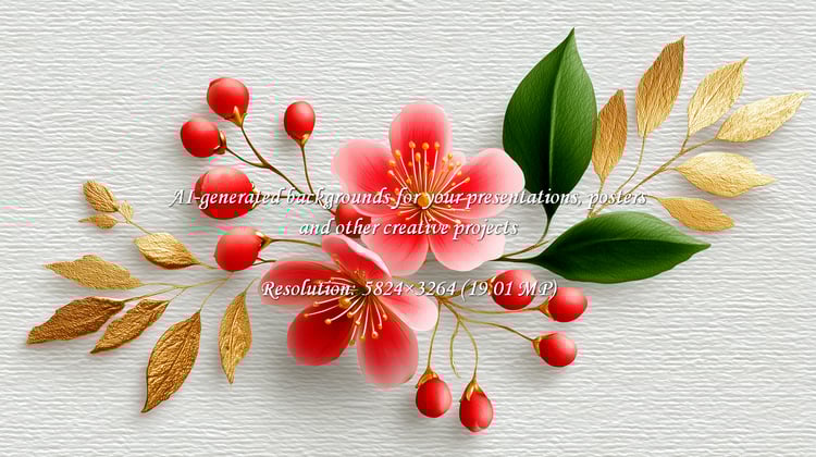 Graceful floral design featuring delicate pink blossoms, lush green leaves, and shimmering golden accents, ideal for adding a touch of elegance to invitations, cards, or any creative project.