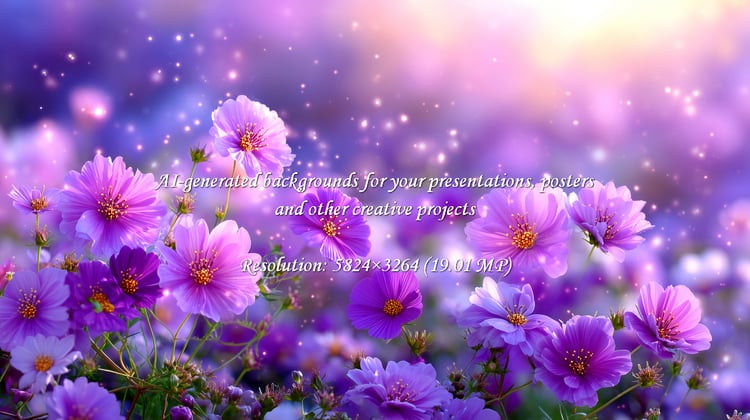 Enchanting cosmos flowers in a dreamy purple field bathed in sparkle and light. Perfect for adding a touch of magic to your designs and springtime projects, bringing beauty and charm to any creative work.