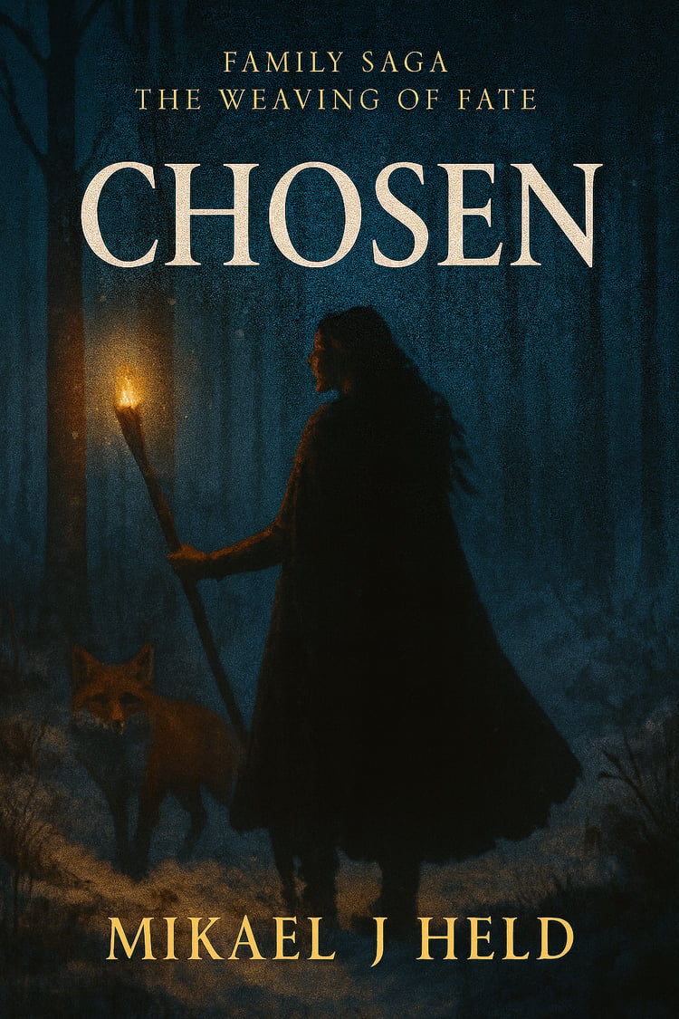 Book cover for Chosen – The Weaving of Fate by Mikael Held, dark fantasy novel with Nordic mythic themes, atmospheric and supernatural tone.