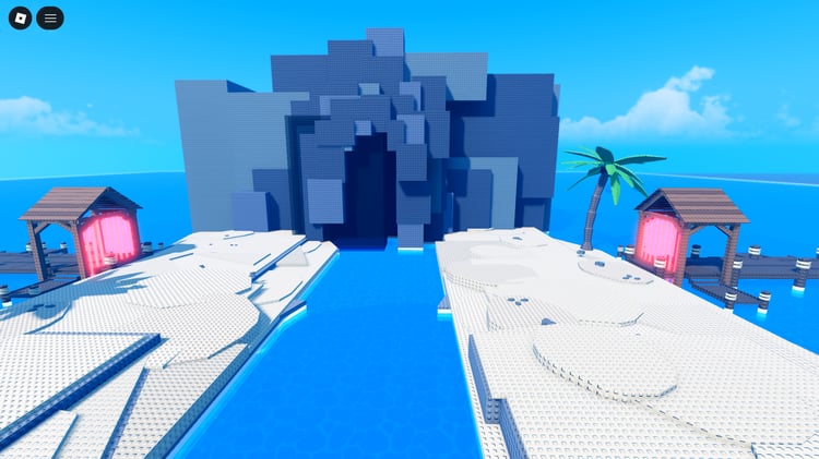 Aerial overview of low poly boat-themed Roblox map