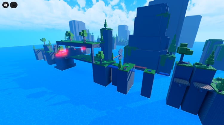 Aerial view of two-player stud obby in Roblox