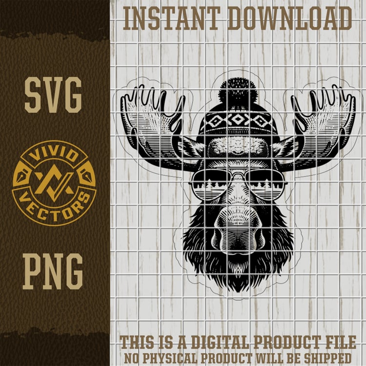 funny cool moose wearing sunglasses winter outdoors design, moose svg png vector logo, hiking camping trees nature artwork, laser engraving cut file for t-shirts hats patches