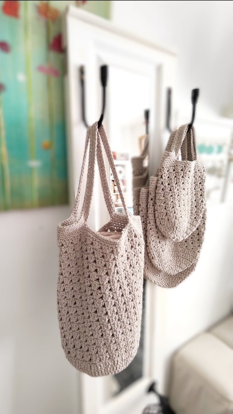 Handmade Dreamy Shopping Bag crocheted with DROPS Cotton Light yarn held double – lightweight beige tote bags with clean modern texture, perfect for everyday use