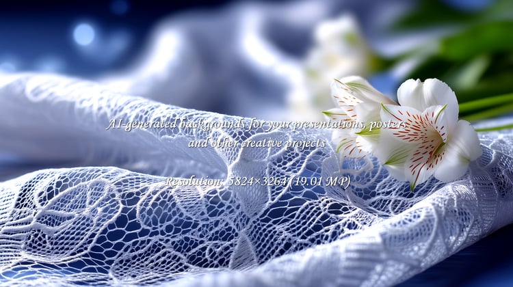 Capture the essence of romance with delicate white flowers on intricate lace. Evokes purity and beauty, ideal for wedding themes, elegant designs, and serene backgrounds with soft blue hues.