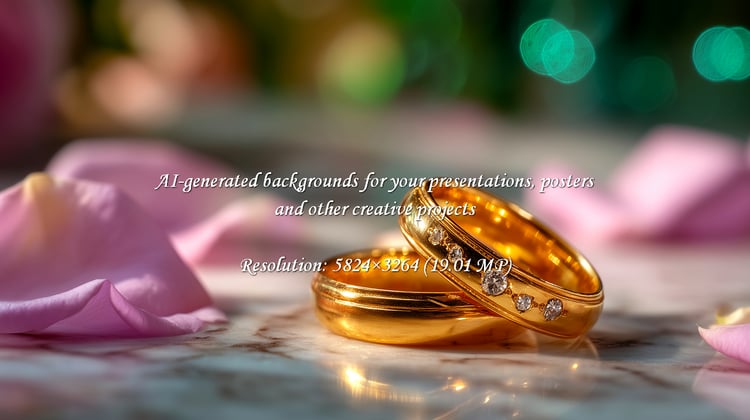 Golden wedding rings featuring diamonds gleam on marble, surrounded by soft pink rose petals. Symbolizing love, commitment, and celebration, perfect for anniversaries and special romantic occasions.