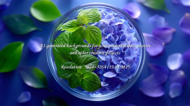 Capture the essence of natural beauty with this stunning composition. Blue hydrangeas and fresh green leaves evoke a sense of wellness and serenity, perfect for beauty, spa, or floral design projects.