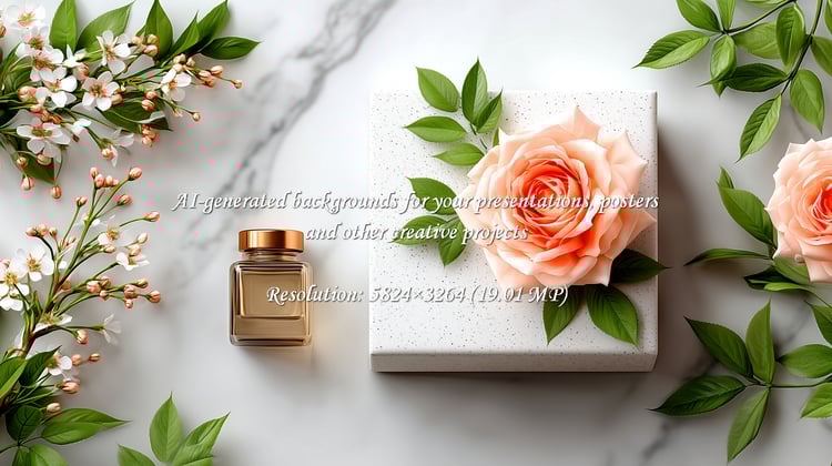 Capture the essence of spring with this elegant perfume bottle, peach roses, and blossoms on a marble surface. Perfect for beauty product marketing, branding, or adding a touch of luxury to your designs.