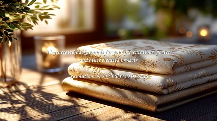 Create a warm and inviting atmosphere with these elegant folded linens. The golden leaf pattern and soft sunlight create a serene and peaceful mood, perfect for enhancing home decor.