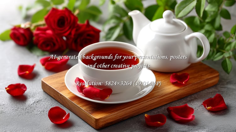 Enjoy a moment of serenity with a warm cup of tea, surrounded by the beauty of red roses. This scene evokes feelings of love and relaxation, ideal for wellness and lifestyle brands.